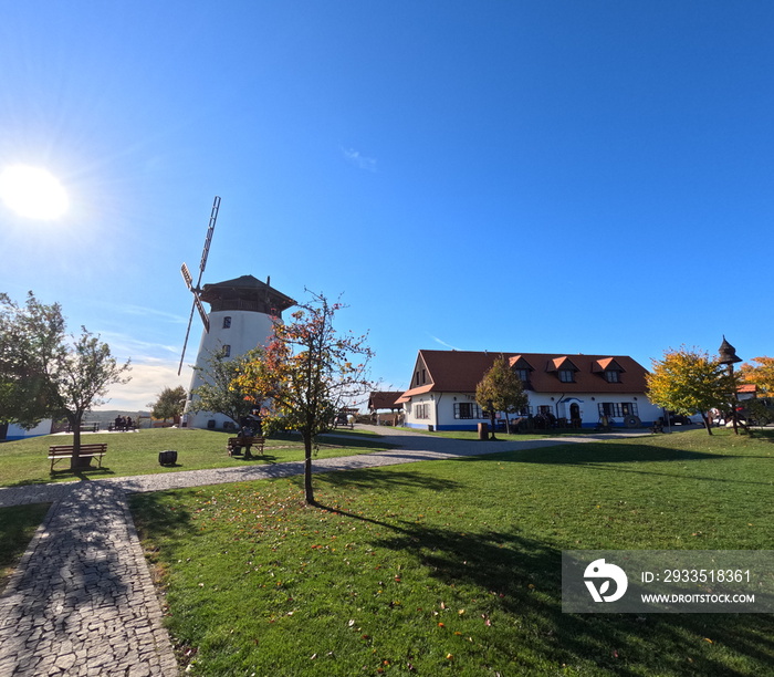 Traditional old windmill building in Bukovany,Bukovanský mlýn (Bukovany-Kyjov), southern Moravia, Czech republic,panorama landscape view