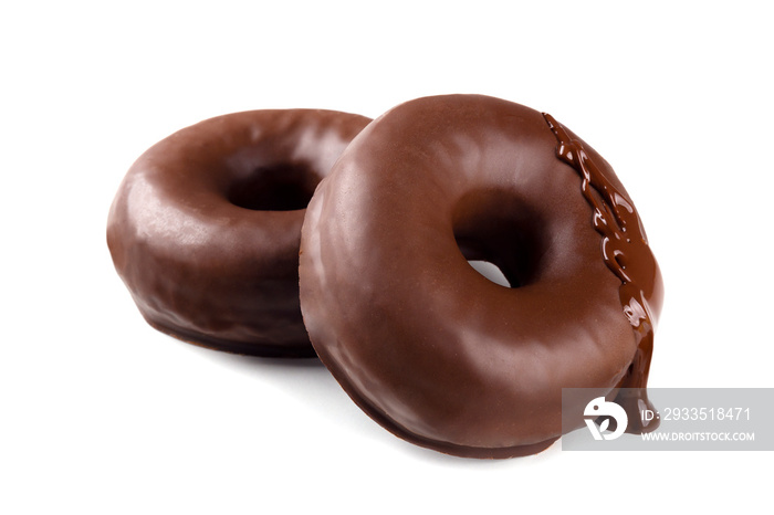 Delicious fresh chocolate donuts with melted chocolate isolated on white background. Appetizing tasty glazed donuts ready to eat with melted chocolate isolated on white background.