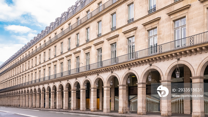 Paris, panorama of the rue de Rivoli, typical building, parisian facade