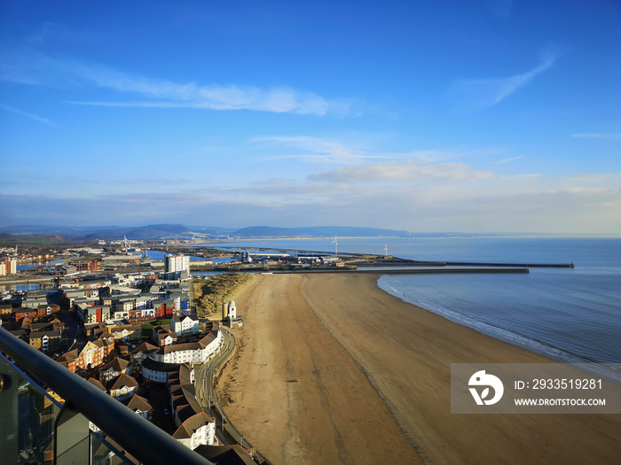 Cityscape view of the SA1 marina area and beach from the Meridian Tower - the tallest building in Wales.