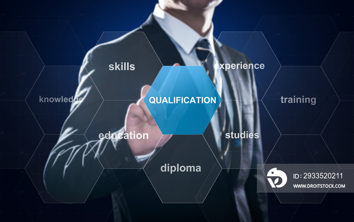 Person touching button with word qualification, concept about professional certification for skilled work