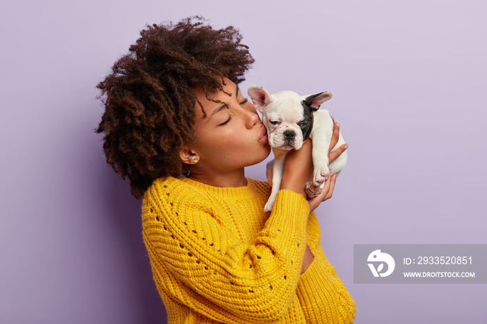 Home pets concept. Beautiful female mistress of pedigree dog kisses it with love, cares about animal, has cheerful mood, chills with bulldog, wears yellow jumper, models over purple background.