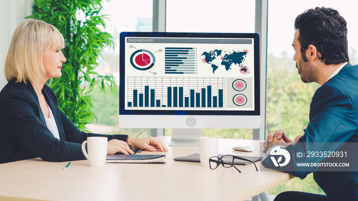 Business data dashboard analysis by ingenious computer software . Investment application display business sales and profit on the computer screen and advise marketing planning decision .