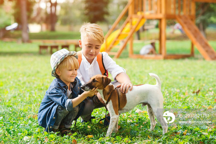 Family, friendship, animals and lifestyle. Kids with jack russel terrier dog outdoors.