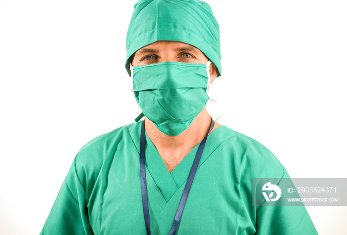 hospital clinic staff corporate portrait of attractive and successful medicine doctor smiling confident in green medical clothes and protective face mask and bouffant cap