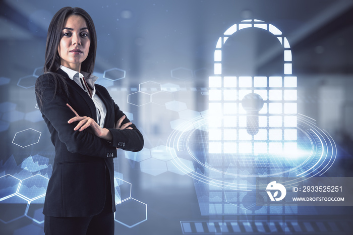 businesswoman and digital padlock hologram