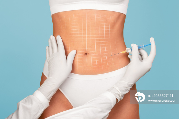 Mesotherapy Concept. Unrecognizable Doctor Taking Injection To Abdomen Of Young Woman