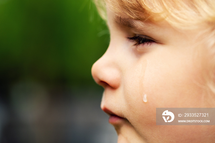 crying sad child - little girl face with tear on the cheek. concept of child rights and abuse