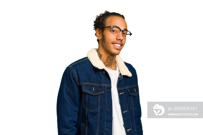 Young African American man isolated confident keeping hands on hips.