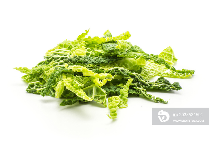 Chopped savoy cabbage stack isolated on white background green fresh cut.