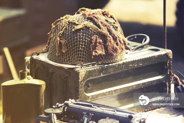 helmet from World War II ammunition box