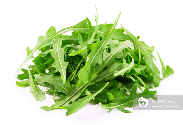 Green fresh rucola or arugula leaf isolated on white background