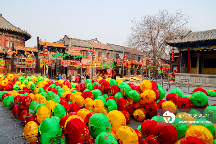 Preparation of Chinese Lantern festival in Jinan among ancient buildings, Shandong Province - stock photo