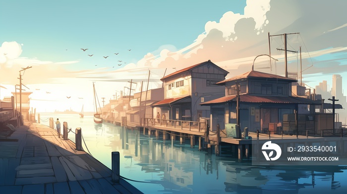 The illustration showcases the intricate details of a traditional Japanese port town, complete with winding alleys and buildings.