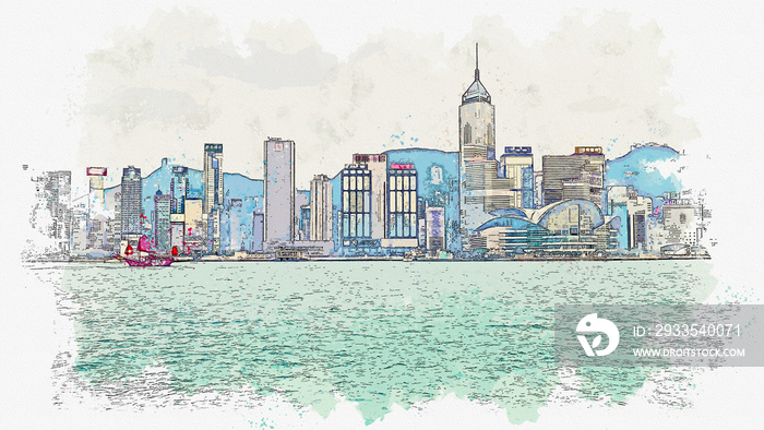 Watercolor drawing picture of Victoria Harbour at Hong Kong.