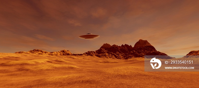 Extremely detailed and realistic high resolution 3D illustration of an UFO Flying Saucer on a Mars like planet