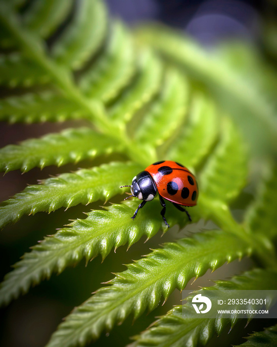 Close-up of a ladybug crawling along the edge of a bright green, curled fern frond, the vivid red and black insect contrasting against the lush spring foliage.