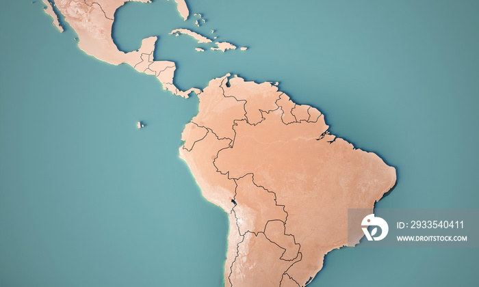 Continental map of South america. Topography 3d render world map.