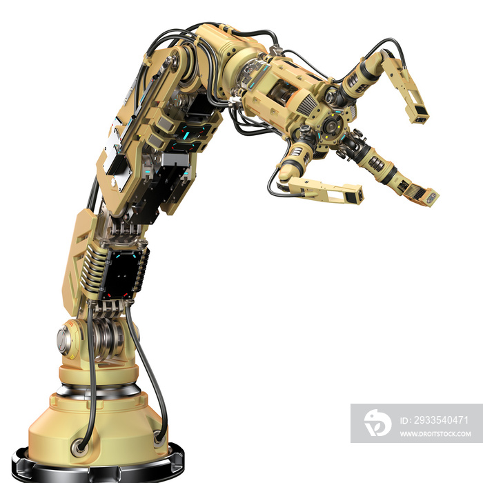 Very detailed robotic arm. Yellow mechanical hand. Industrial robot manipulator. Futuristic industrial technology. Isolated on white background. 3D Render