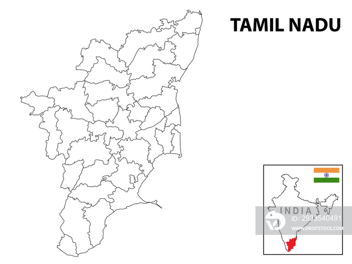 Tamil nadu map. District ways map of tamil nadu with name. Vector illustration of Tamilnadu geographical map. New and original design with showing border line and name.