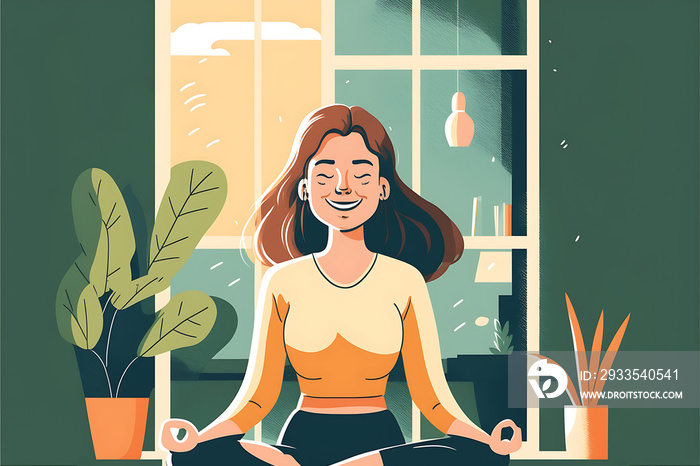 Flat vector illustration Young woman smiling at camera while sitting in yoga class