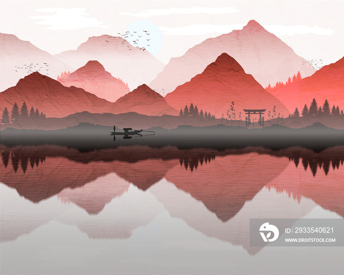 Oriental Japanese landscape, with boat and fisherman, Reflection of mountains and trees in lake, mist forming over water. Processed in beautiful graduated red tones, with background texture.