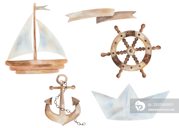 Watercolor illustration of hand painted blue origami paper ship, brown wooden vessel, boat for ocean, anchor with chain, steering wheel, banner. Marine clip art for fabric textile, print, summer cards