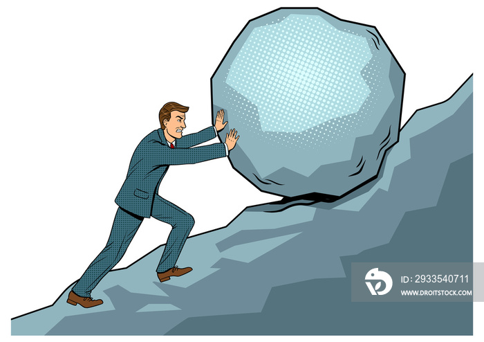 Businessman pushing rock uphill pop art PNG illustration with transparent background