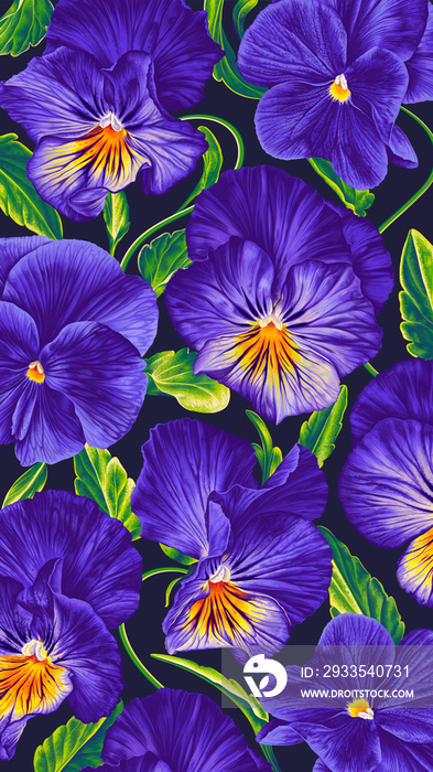 Botanical illustration. Floral vertical background with realistic flowers of Pansies, Viola. Detailed hand-drawn blue, purple and yellow plants, bright flowers and leaves on dark background.