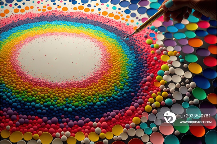 a person is painting a rainbow colored artwork with circles and dots on a white surface with a white circle in the center of the painting is a white circle with a marker in the middle.