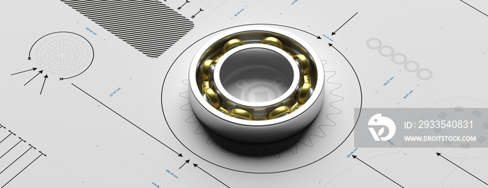 Ball bearing, metal spare part on a blueprint. 3d illustration