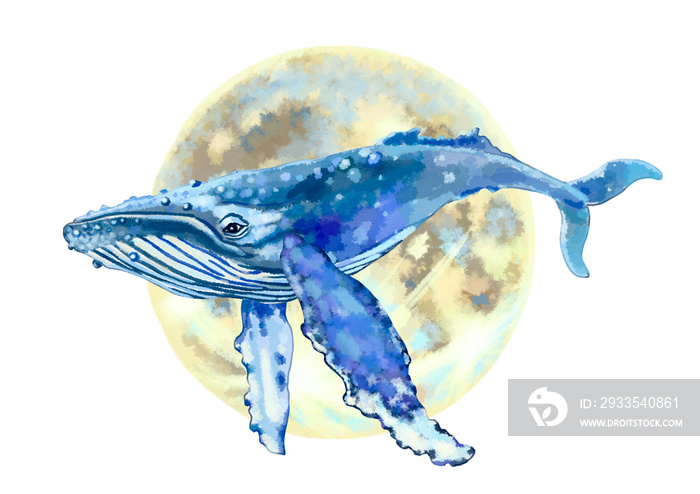 Blue whale against the backdrop of the full moon. Watercolor fantasy drawing. Marine animals and natural phenomena, environmental protection. For printing books, postcards, notebooks, clothes, objects