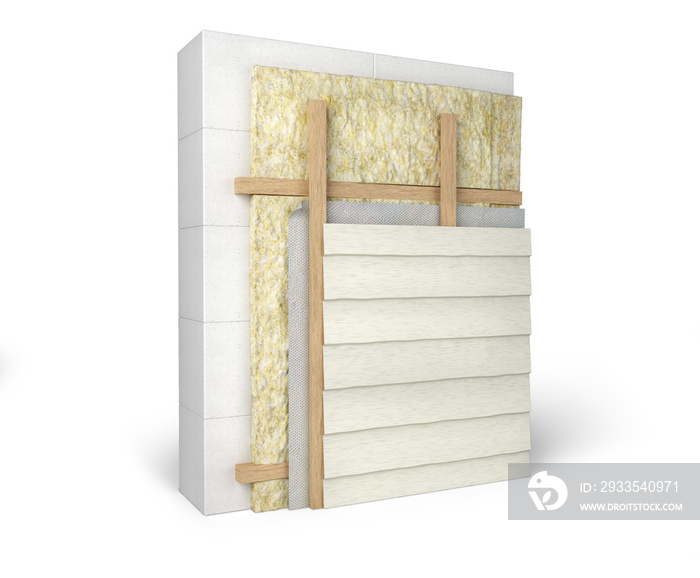 Layered scheme of exterior wall insulation and covering by siding, 3d illustration