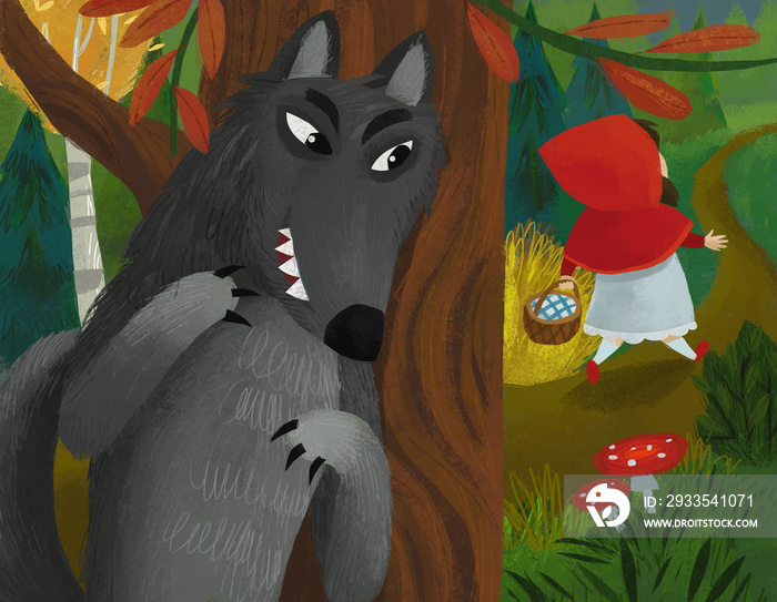 cartoon bad wolf meeting little girl in red hood in forest