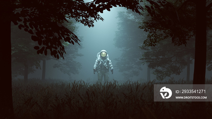 Astronaut with Gold Visor Standing in a Wooded Clearing with a Beam of Light 3d illustration 3d render