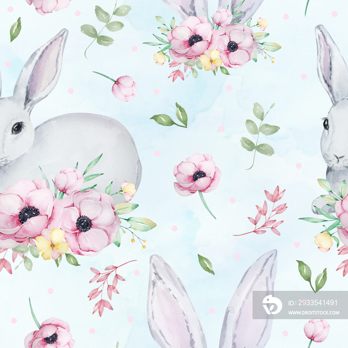 Easter watercolor seamless pattern. Gray cute bunnies