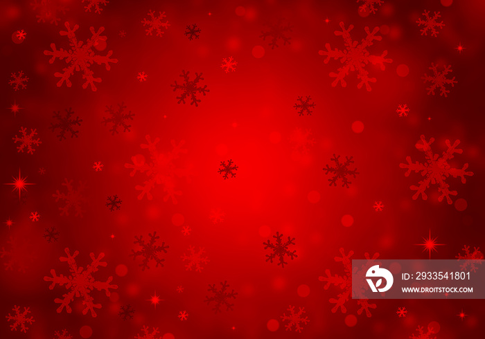 Abstract red winter background with snowflakes and christmas lights.