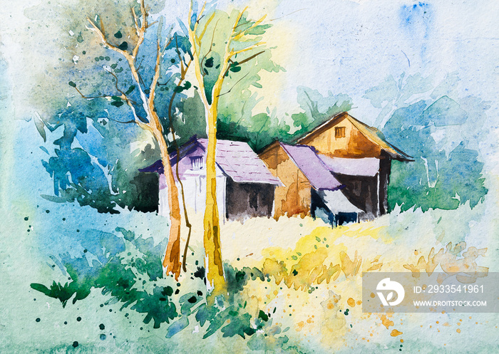 Beautiful watercolour painting of village houses surrounded by green trees and vegetation.