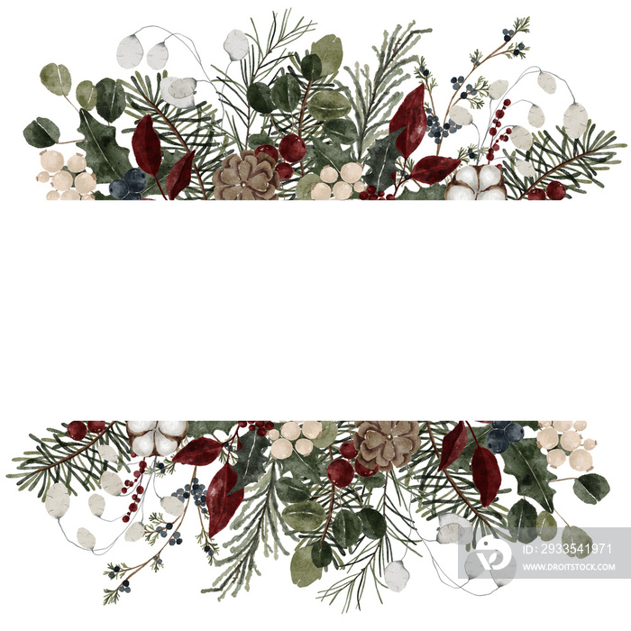 Watercolor winter  illustration. Christmas holiday wreath. Winter floral greenery botanical frame