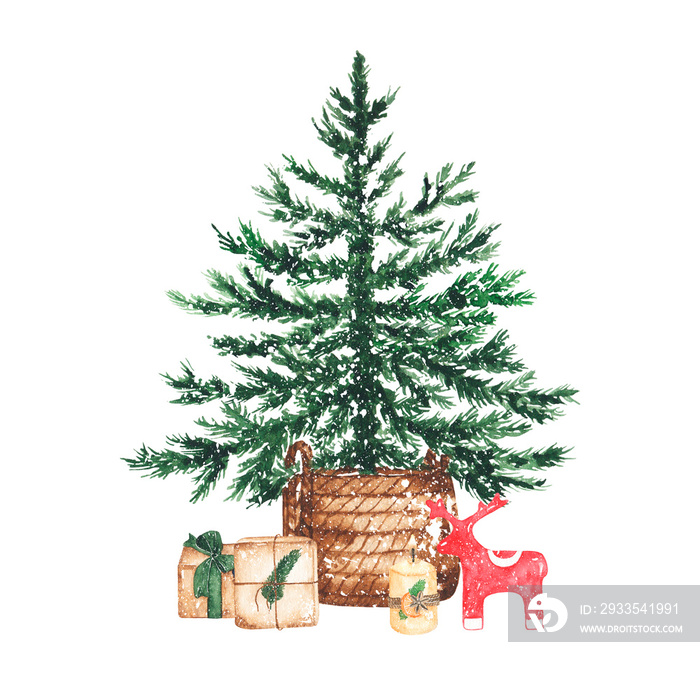 Watercolor Christmas tree, balls and gift boxes isolated on white background. Winter holiday xmas celebration illustration