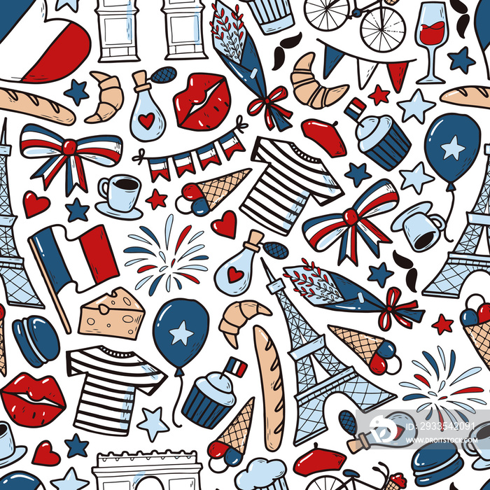 seamless pattern with hand drawn doodles for French holidays Bastille Day, Victory day, etc. Wallpaper, textile and fabric print, wrapping paper, packaging, background, scrapbooking, etc.