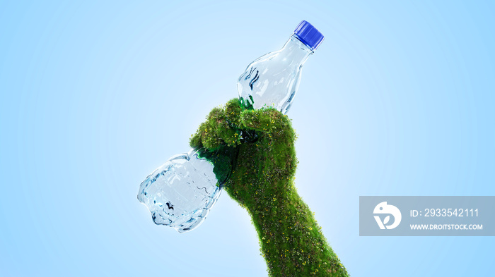 Ecological grass-covered hand crushes pet plastic bottle - the concept of caring for the environment and stopping the production of plastic packaging