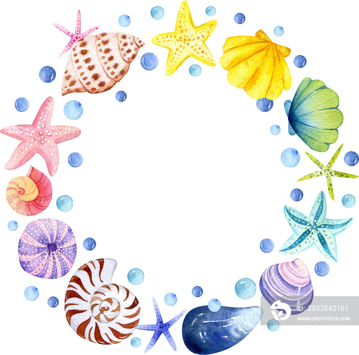 Watercolor sea corals and shells wreath. Underwater  graphics. Marine fish hand-drawn, sea animal. Ocean children girl illustration. Baby shower mermaid clip art