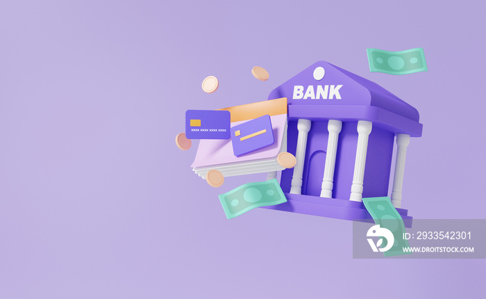 Minimal cartoon style account book bank with bank building floating transaction concept. deposit, budget fund, statement payment banking money saving on purple background. 3d render illustration