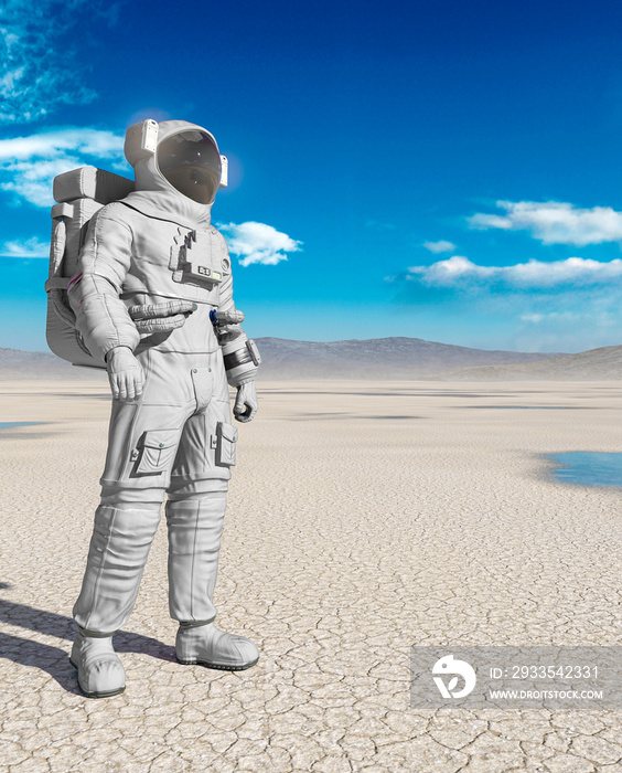 astronaut is standing up in the desert of another planet after rain