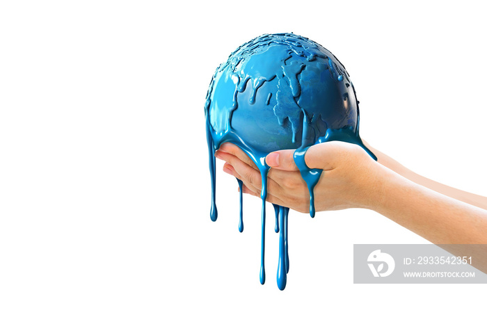 two hands holding the blue earth globe floats off the ground and Melting swag down to floor on white background,Free Clipping path .Earth day concept.