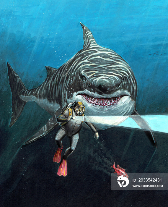 Shark attack. Gigantic shark on the hunt for the diver. Illustration.