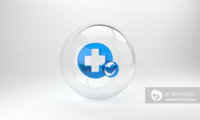 Blue Cross hospital medical icon isolated on grey background. First aid. Diagnostics symbol. Medicine and pharmacy sign. Glass circle button. 3D render illustration