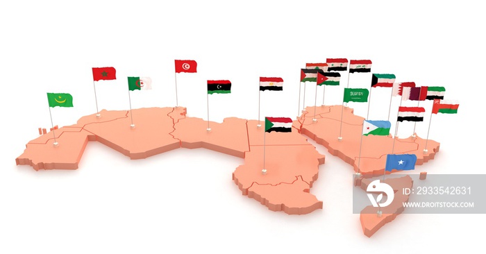 Arab union map. map and flag of arab countries 3d illustration on white background.