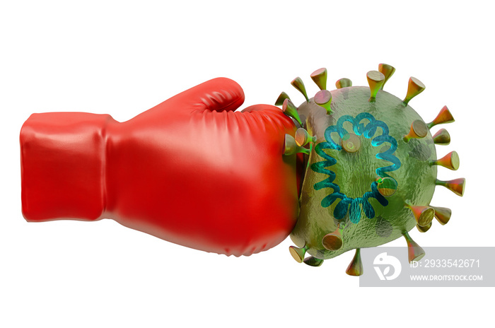 Boxing glove with and coronavirus, 3D rendering